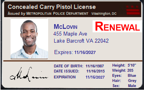 Image of a DC Concealed Carry permit with the text box saying "renewal"
