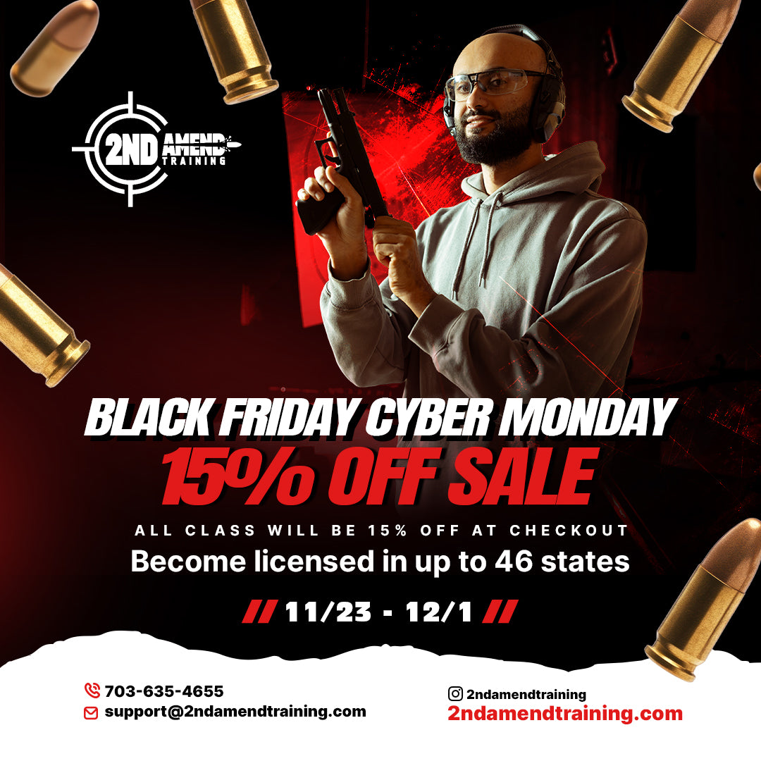 Advertisement for a gun training course with a man holding a gun, surrounded by bullets, and promotional text for a Black Friday sale. 15% off November 23rd - December 1st.