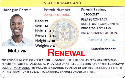 Image of a MD Concealed Carry permit with the text box saying "renewal"